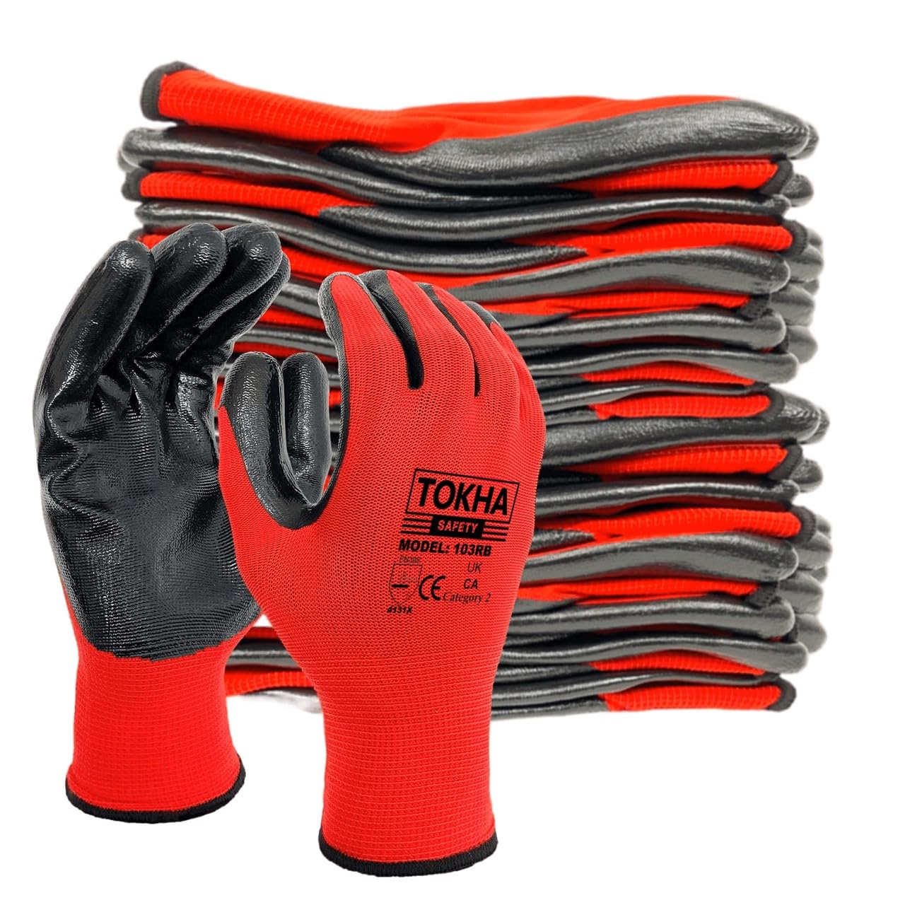48 Pairs Nitrile Coated Gloves Red Black Nylon Safety Work Glove Use for Workshop Construction Builders Gardening Grip (Red-Black, XXL [11])