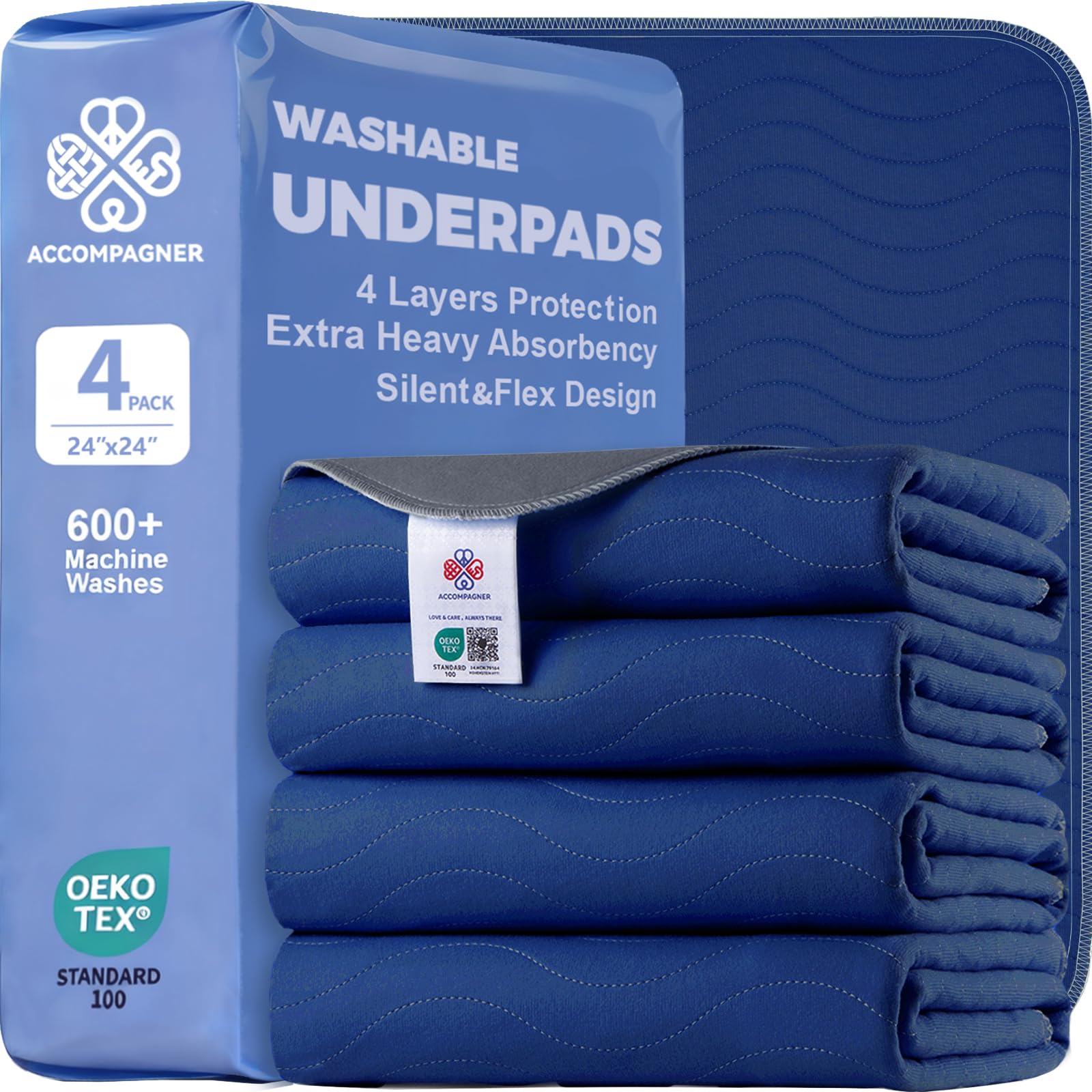 Accompagner Incontinence Bed Pads Washable Waterproof Underpads 24"x24" 4pc