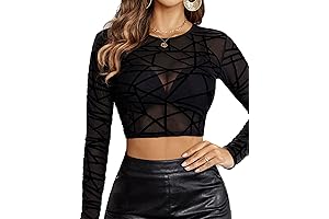 Women Long Sleeve See Through Mesh Crop Tops Sexy Sheer O Neck Clubwear Shirts S-4XL