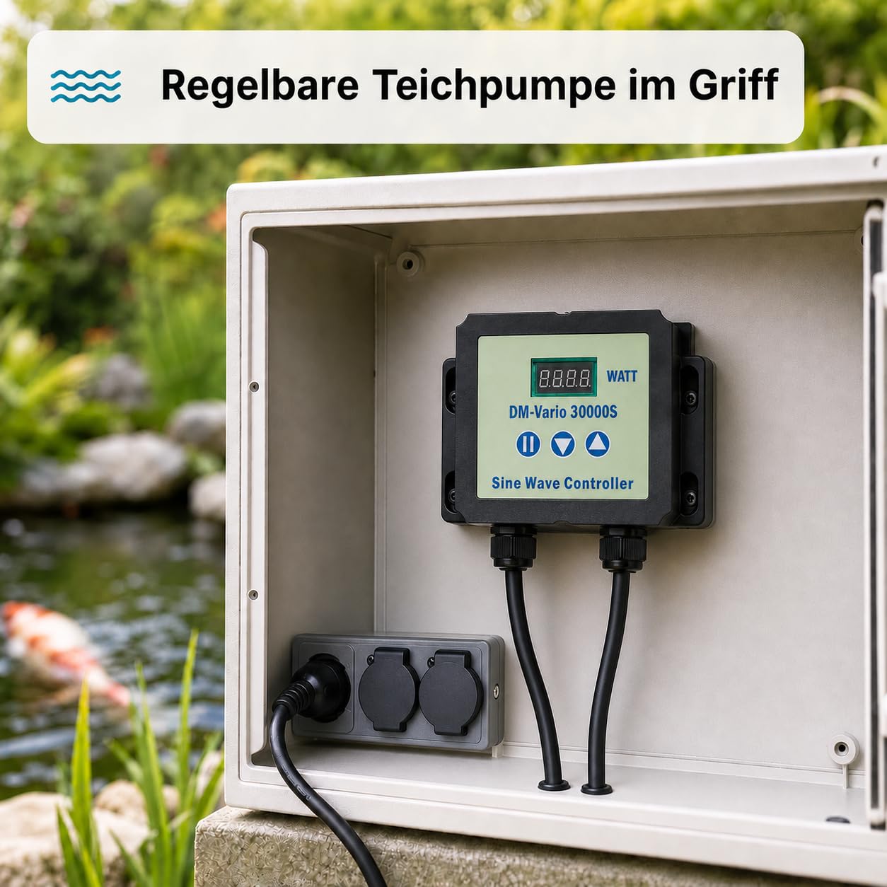 Pumpensteuerung kompatibel mit AquaForte DM‑Vario 30.000S, Sine‑Wave‑Controller mit WATT‑Anzeige, 3‑Tasten‑Bedienung, robustes Gehäuse mit Kühlrippen, Schuko‑Netzstecker & 4‑poliger Rundstecker