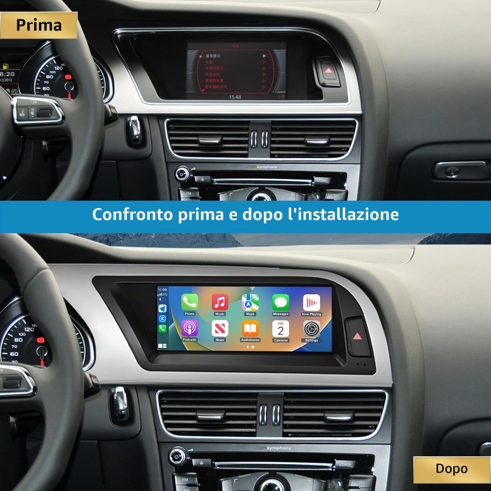 Car Radio 8,9 pollici Touchscreen con Wireless Carplay e Android Auto per Audi A4 S4 2009-2016 con sistema 2G MMI, supporta Mirrorlink, telecamera, navigazione