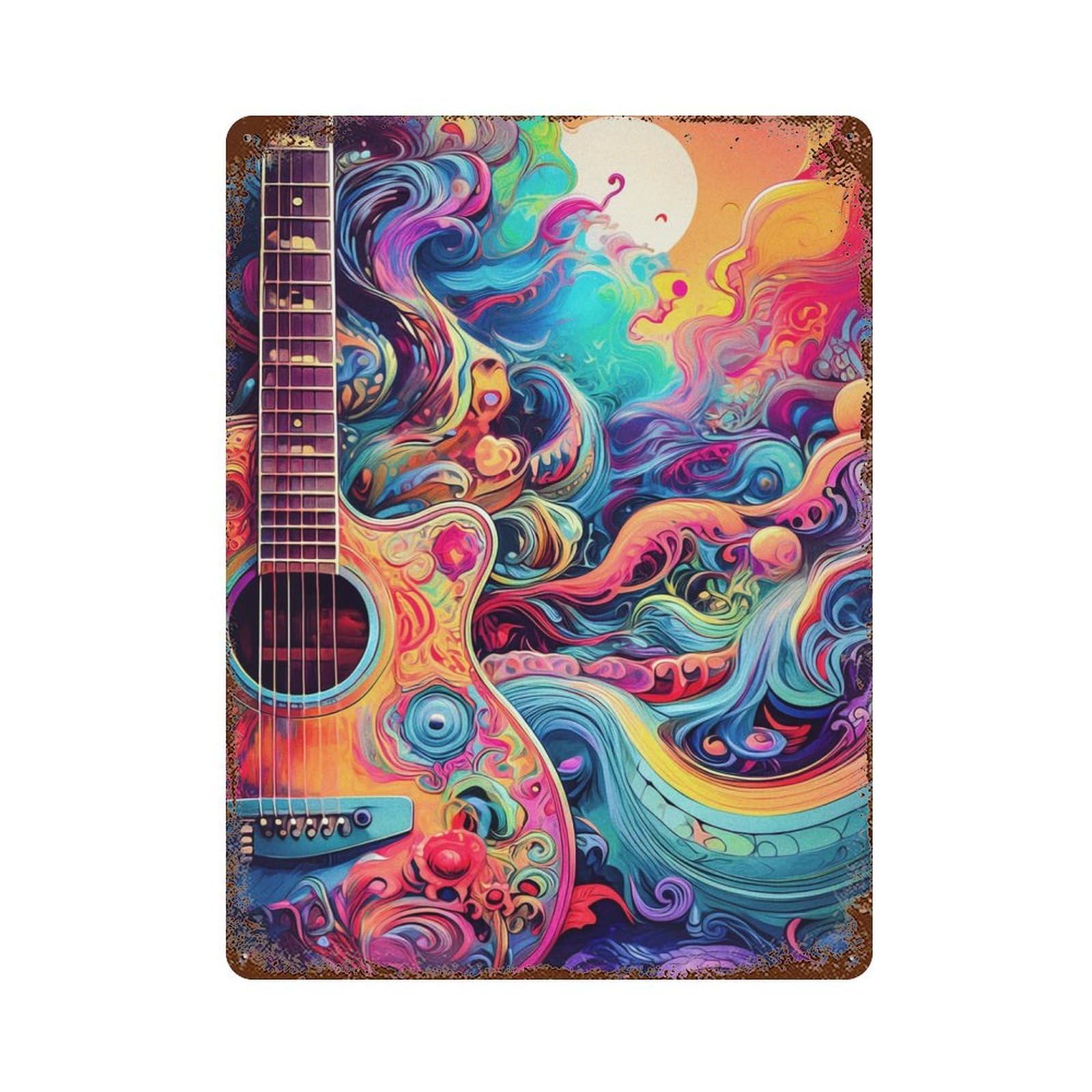 Garage Style Abstract Guitar Art Psychedelic Rust Effect Tin Sign 15.7"x11.8", Industrial Home Decor for Bar And Workshop
