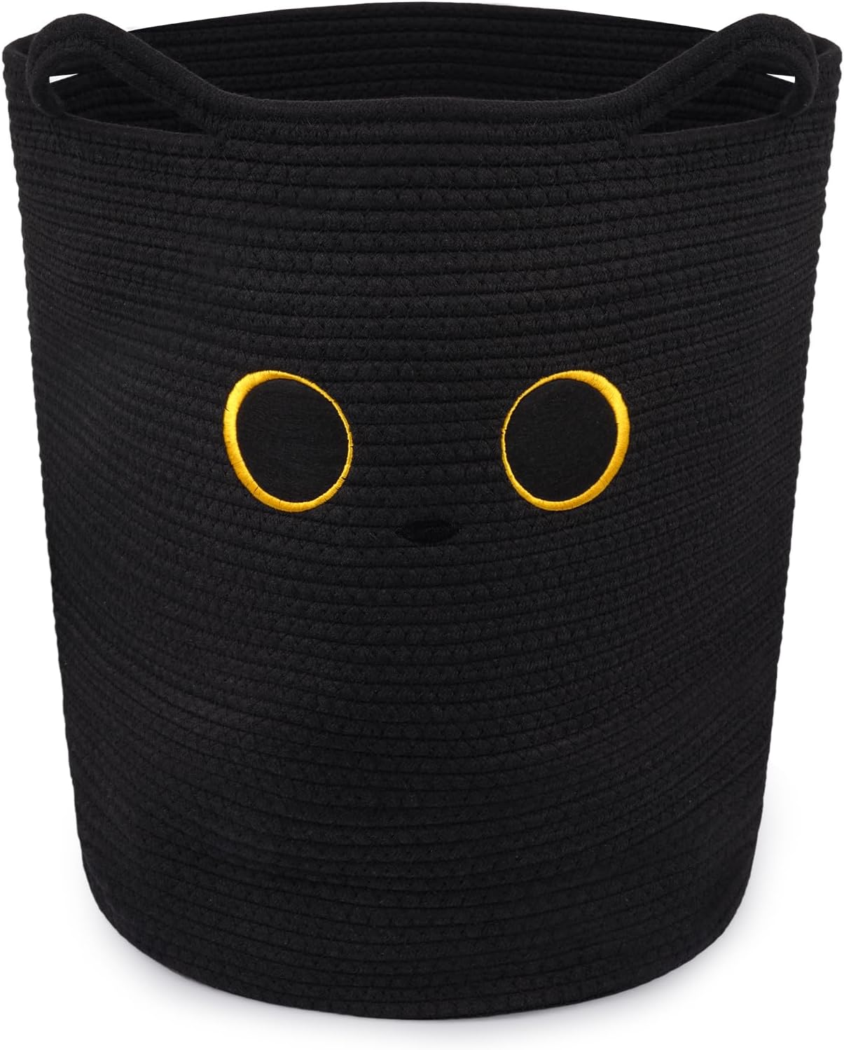 Tall Black Cat Laundry Basket for Nursery, Cute Large Woven Cotton Rope Blanket Storage Basket, Baby 0rganize Blanket Shower Hamper Box with Handles, 53L Clothes Bins, 15"D×18.1"H