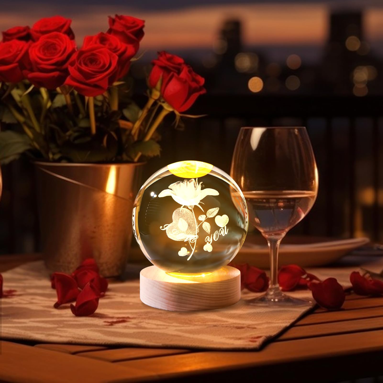 Sfera di cristallo di luna 3D con base in legno, sfera di vetro da 80 mm per Natale, compleanno, bambini, regalo per la casa