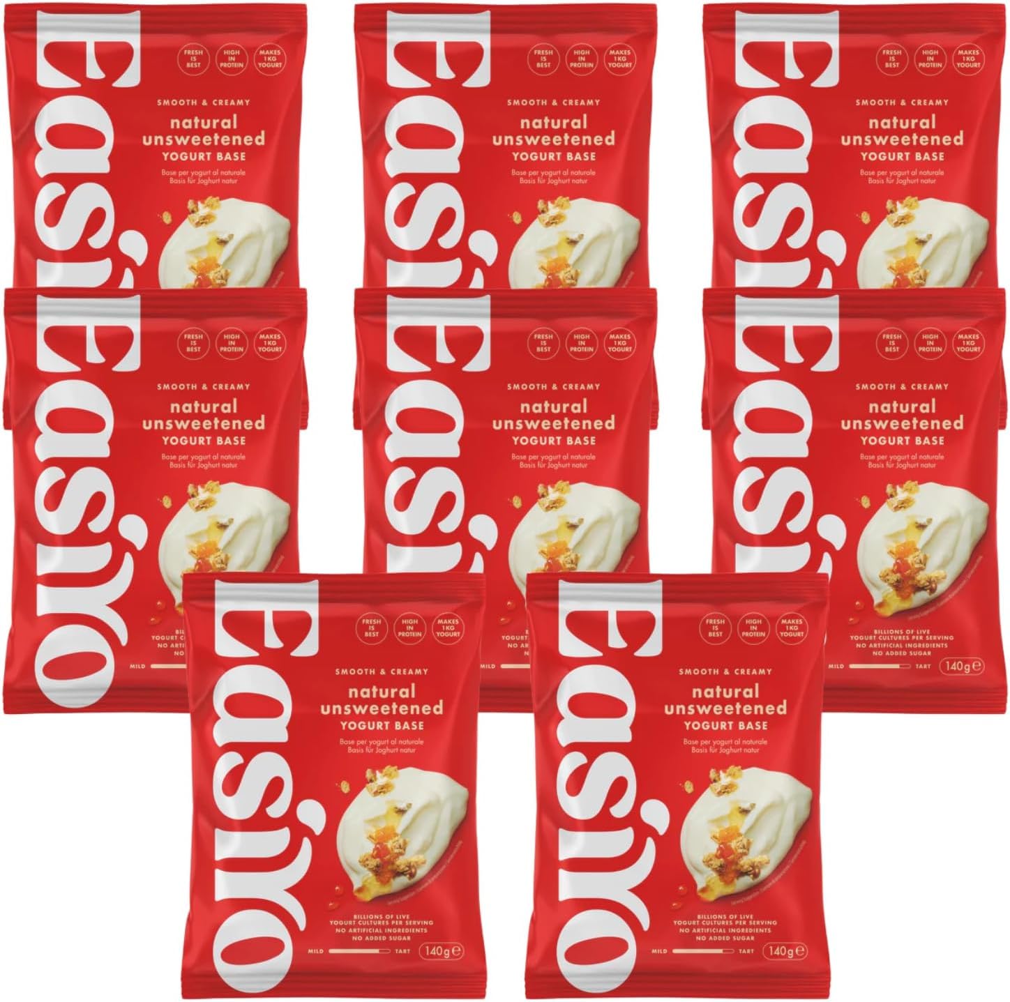 EasiYo Natur Joghurt 8er-Pack | Jeder Beutel ergibt 1kg | Ungesüßter Naturjoghurt | Hausgemachter Joghurt | Glutenfrei & Vegetarisch