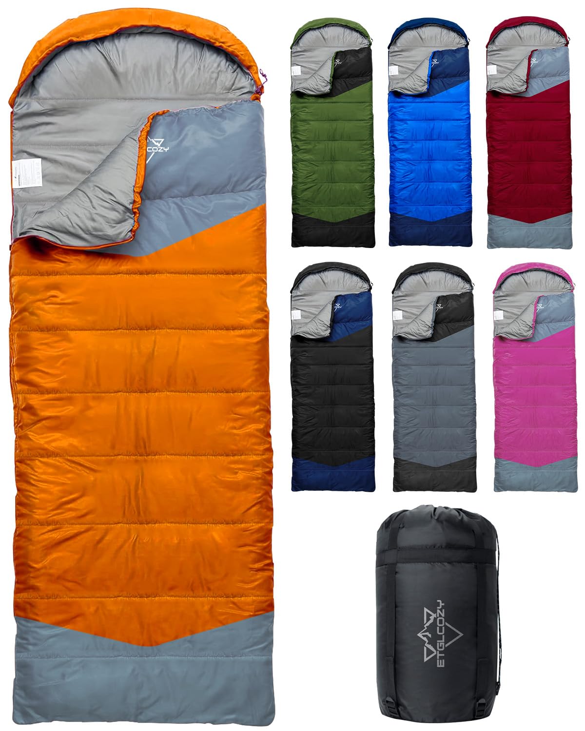 ETGLCOZY Lightweight 3-Season Sleeping Bag for Adults/Kids Camping, Compact w/Compression Sack, Waterproof Ripstop, Portable for Backpacking Hiking Travel, 10-15°C, Orange