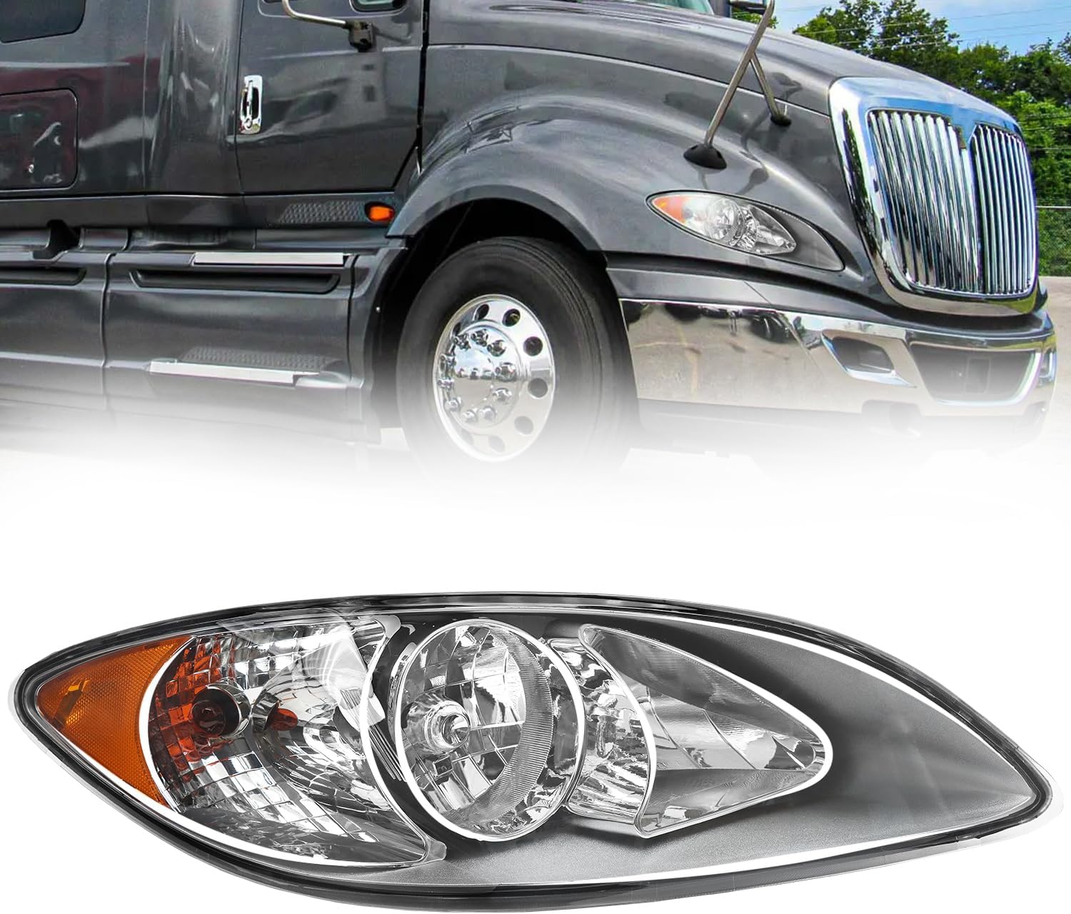 Chrome Left Headlights Assembly Fit for 2008-2016 International ProStar Trucks Halogen Headlamps (Driver Side)