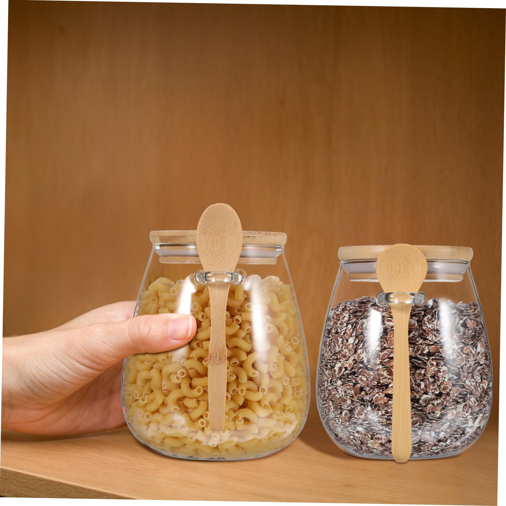 3 Stück Teiliges Glas Vorratsgläser mit Holzdeckel und Löffel Luftdichte Aufbewahrungsgläser für Tee Overnight Oats und Getreide Verschiedene Klare Sicht Frischebewahrend