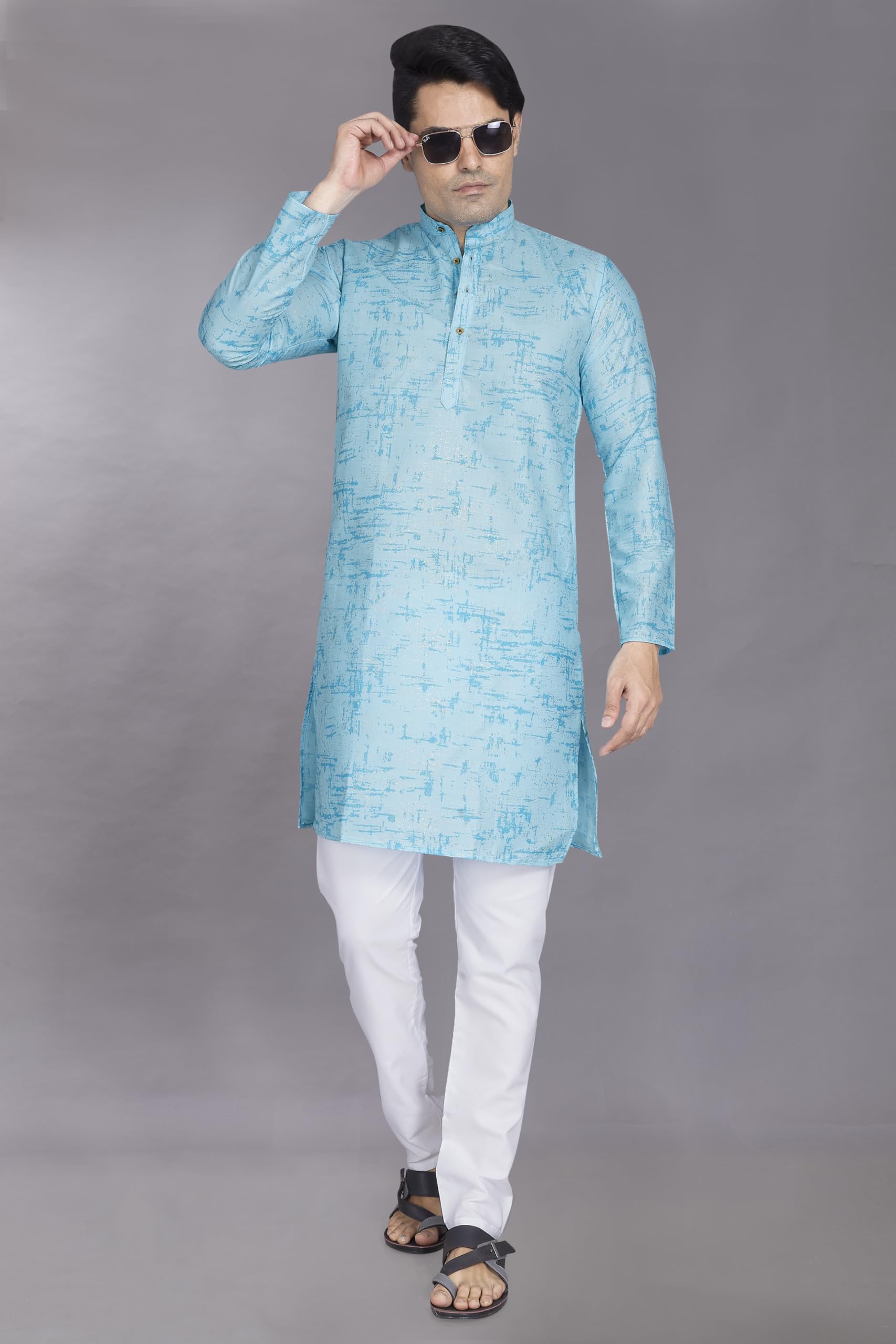 Divisive Men's Printed Cotton Blend Linen Slim Fit Kurta Pyjama Set (Dkrt872_S_Blue)