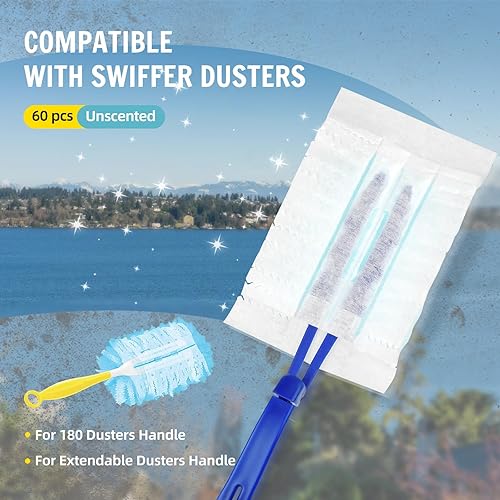 Miniatura 2 de 60 repuestos de plumero de 180 compatibles con plumeros Swiffer 180 mangos, repuesto de plumero de plumas multisuperficie resistente con 1 mango