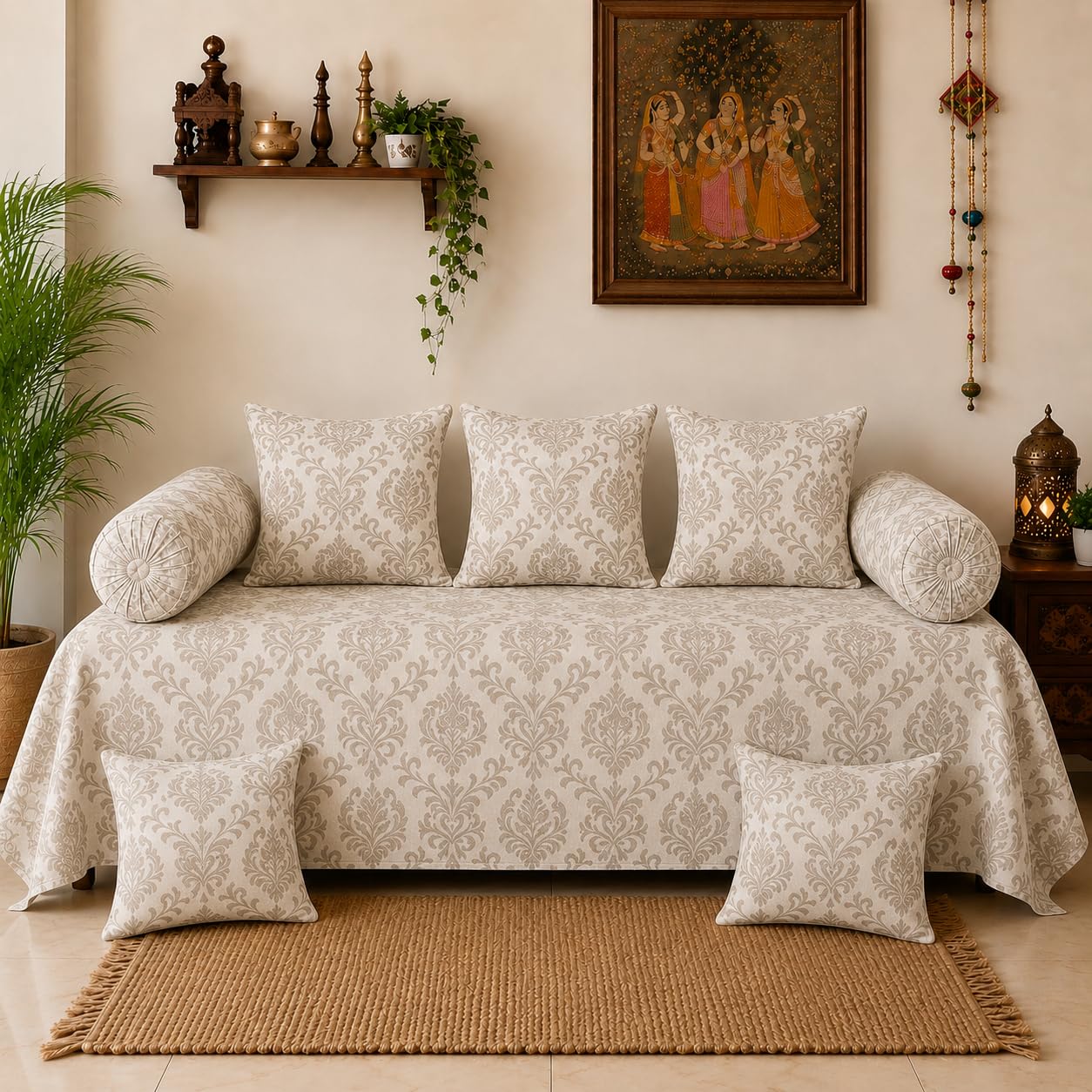 Diwan Set with Bolsters, Cushion Covers and Bedsheet, 8 Piece (2) | Floral Jacquard Pattern, Includes 2 Bolster Covers, 3 Cushion Covers, Multiple Colour Options, Living Room Decor-image-37