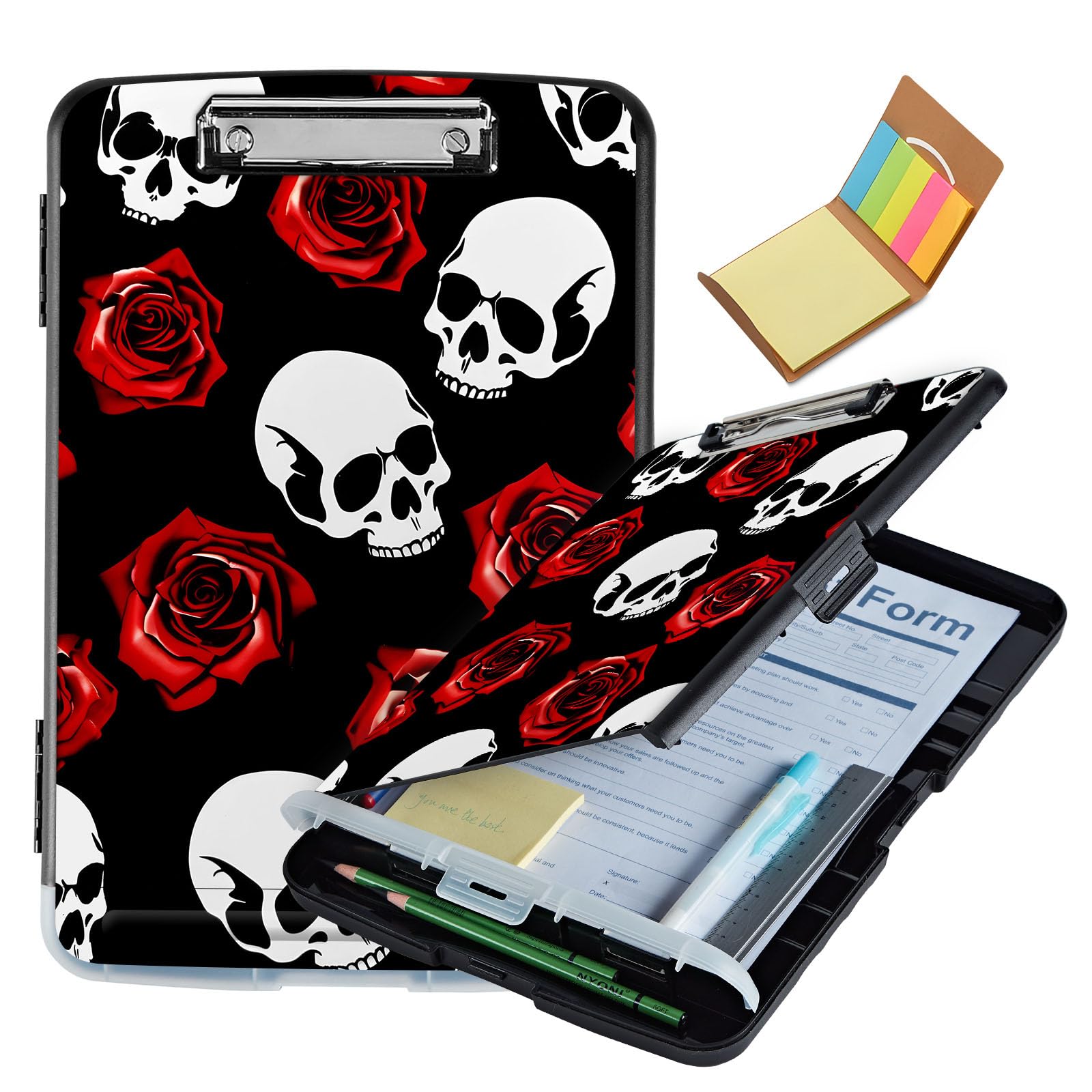 Multipurpose Clipboard with Storage Pattern (Red Rose Skull) Design Heavy Duty Legal Size Enclosed clipboard with Storage, Ideal for Nurses clipboard