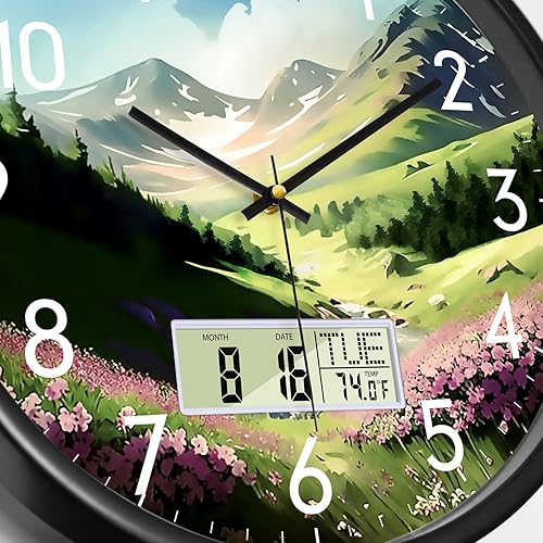 Miniatura 3 de Reloj de pared silencioso de pantalla grande digital con fecha de temperatura, flores de montaña, moderno, sin tictac, funciona con pilas, reloj de