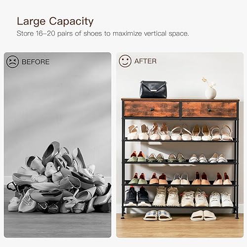 Miniatura 8 de usikey Zapatero, organizador de almacenamiento de zapatos de 5 niveles con 2 cajones, estante de zapatos de metal para 16-20 pares de zapatos, con 4