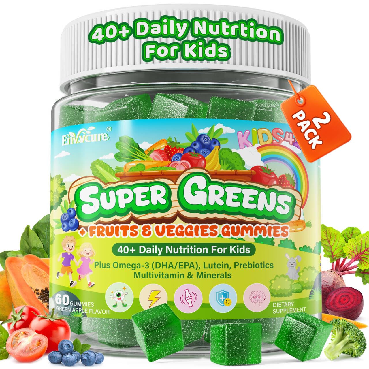 Kids Multivitamin Gummies + Super Greens, w/20+ Veggie Fruit, Prebiotics | Picky Eater Vitamins Greens Superfood Gummies + Calcium, Omega-3 (DHA/EPA),for Growth, Energy, Immune, Digestion, 2 Pack