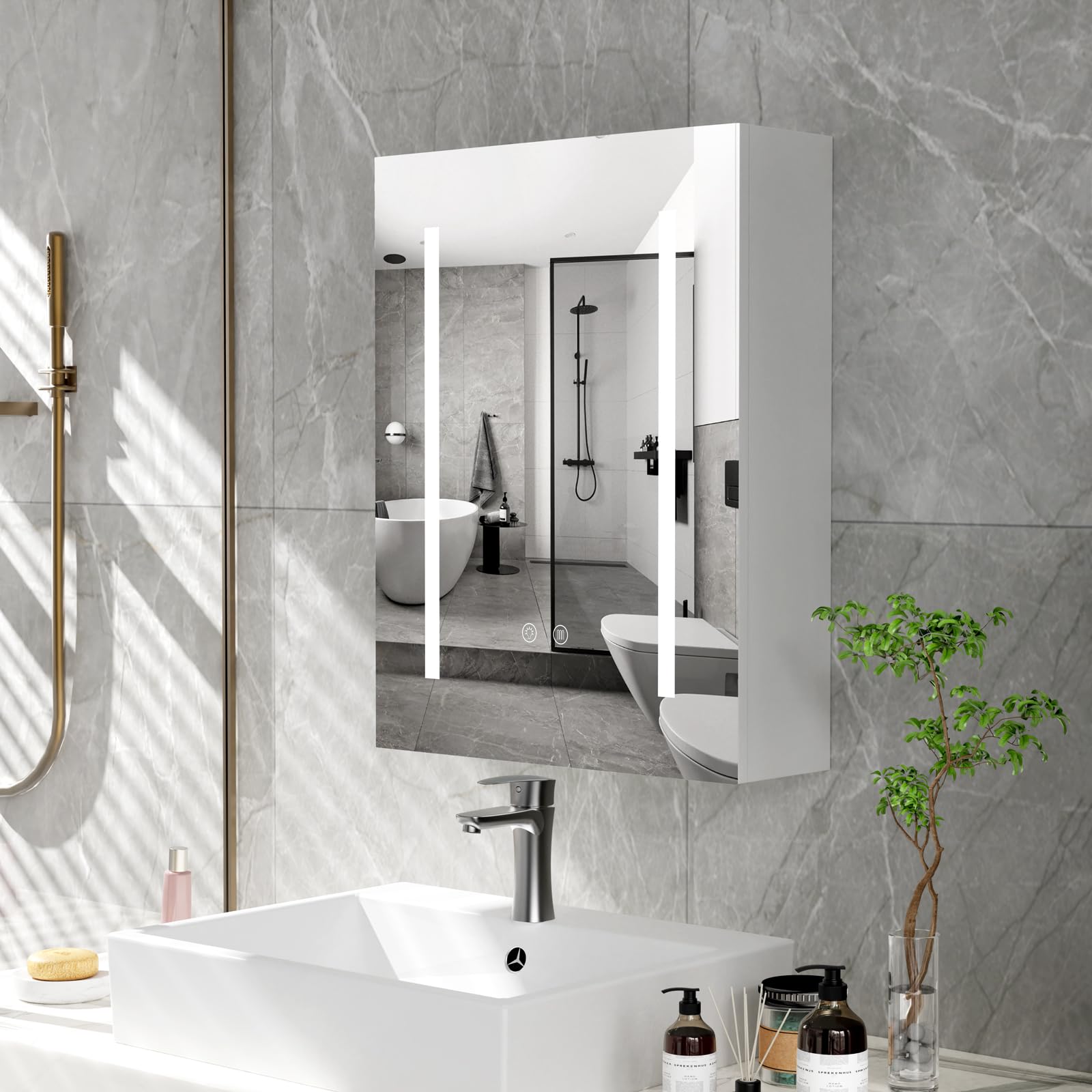Armario Espejo baño con luz, Mueble de Baño, 3 Estantes Ajustable