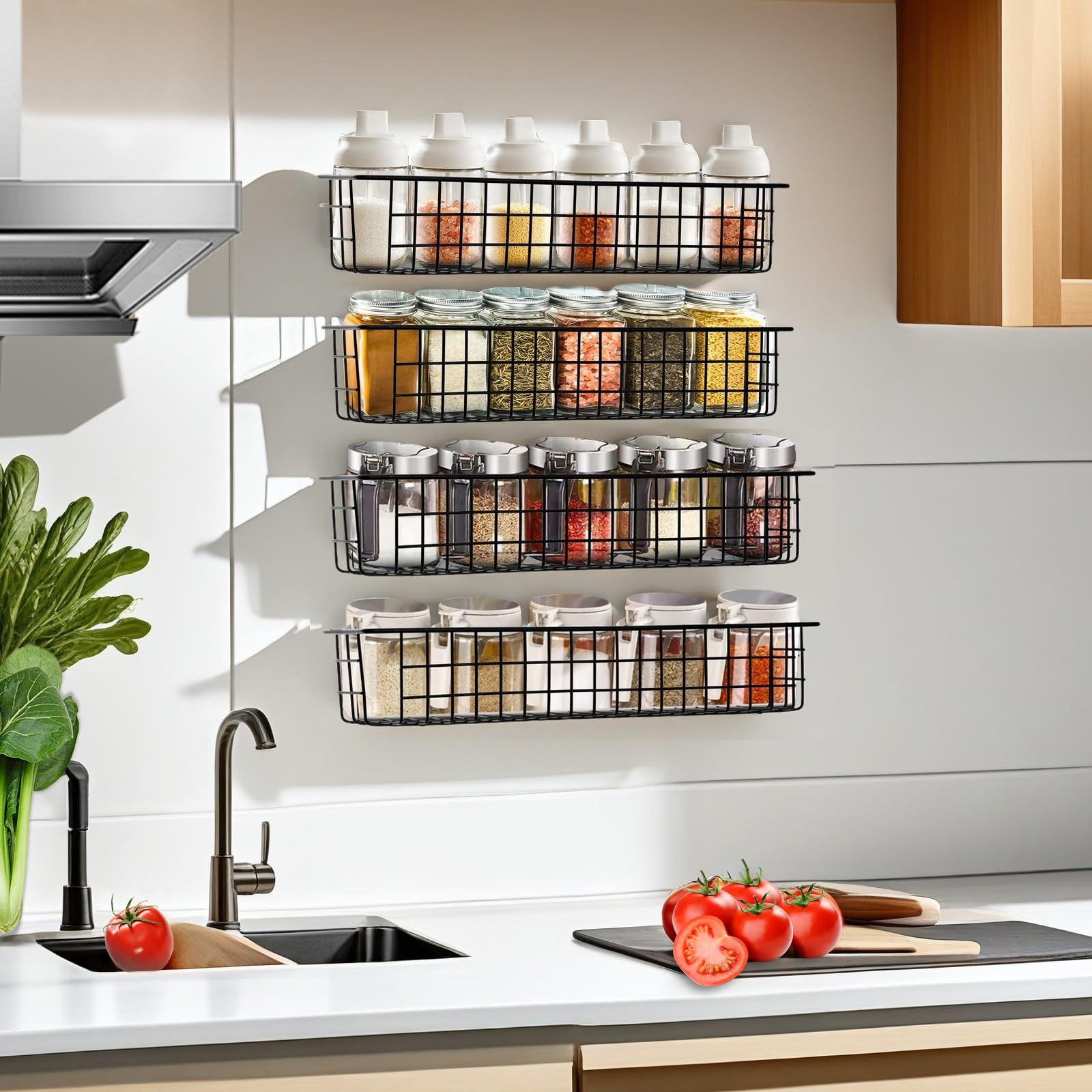 Organizador de especias para pared, paquete de 4 cestas de almacenamiento de alambre negro para pared o puerta de armario en cocina y caravana