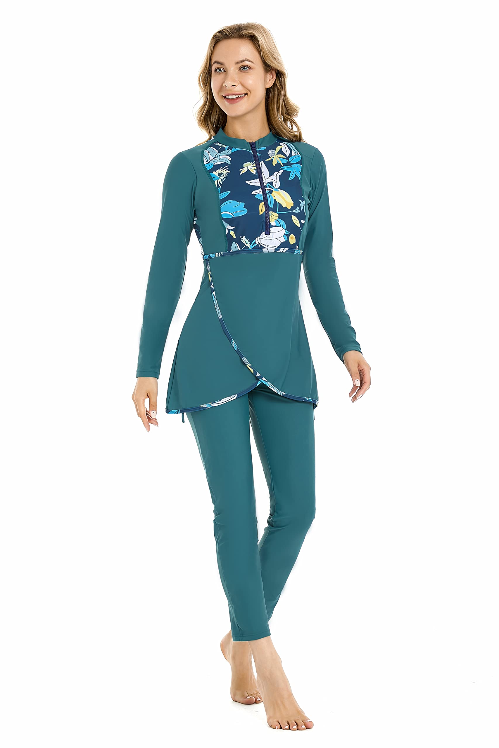 Costume da Bagno Musulmano Modesto per Le Donne Costume da Bagno Hijab Patchwork Sportivo a Maniche Lunghe Costume da Bagno Islamico Burkinis