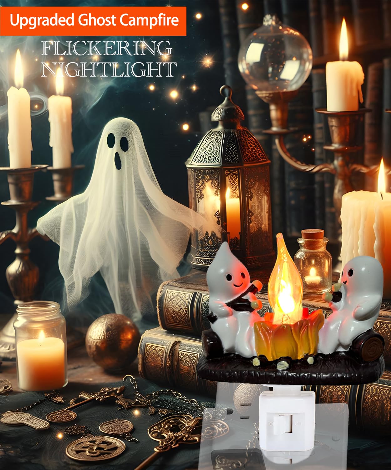 WTEPO 2 PCS Ghost Campfire Flickering Nightlight 2 Ghost Roasting Campfire 3D Spooky Fire Flicker Flame Night Light LED Faux Campfire Lamp Plug into Wall Funny Halloween Gifts