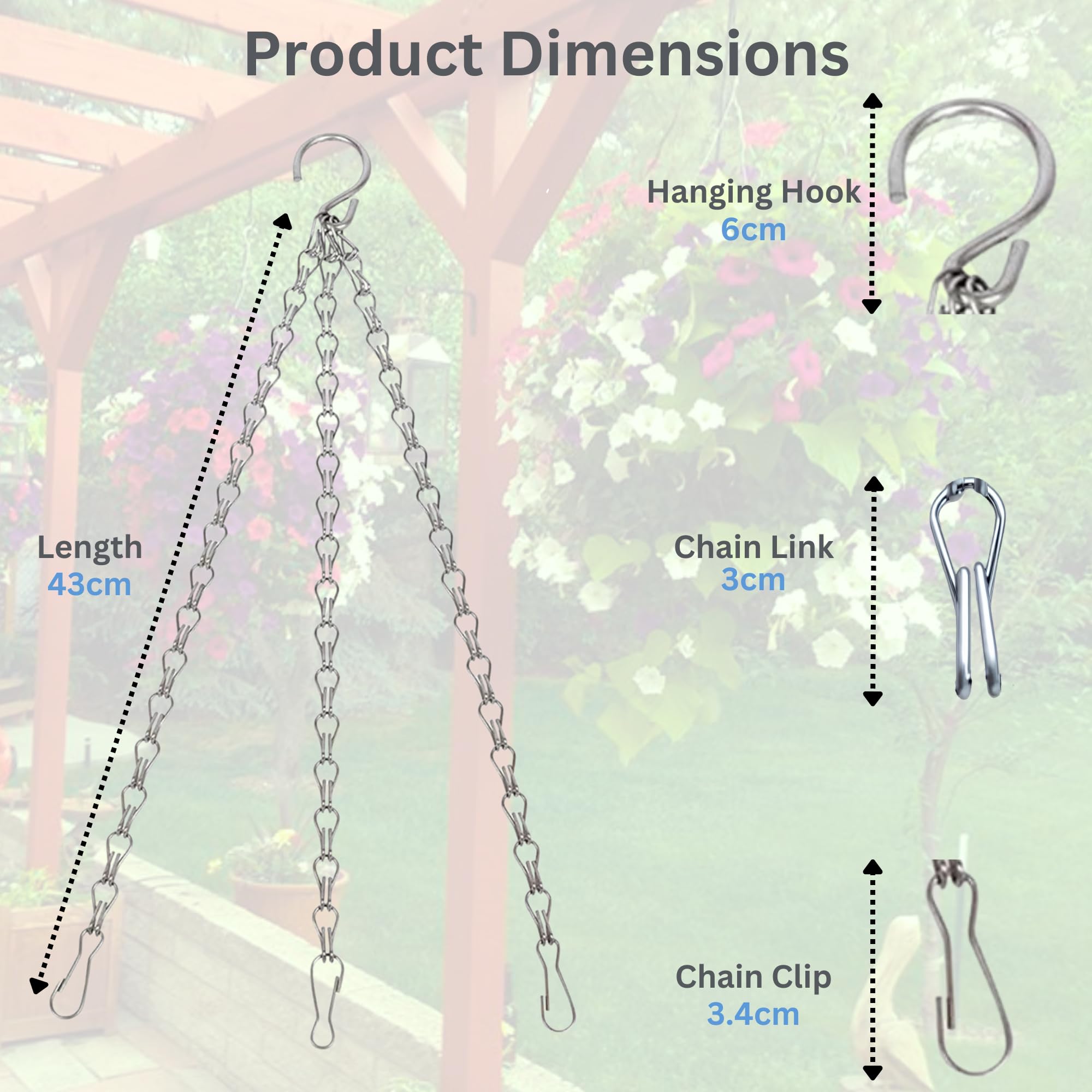 xtralotz Hanging Basket Chains 3-Point Heavy Duty 16 inch (40.5cm) Rust Resistant Metal Chain for Hanging Baskets Bird Feeders Outdoor Garden Accessories Ornaments and Planters 2 Pack Silver - Image 2