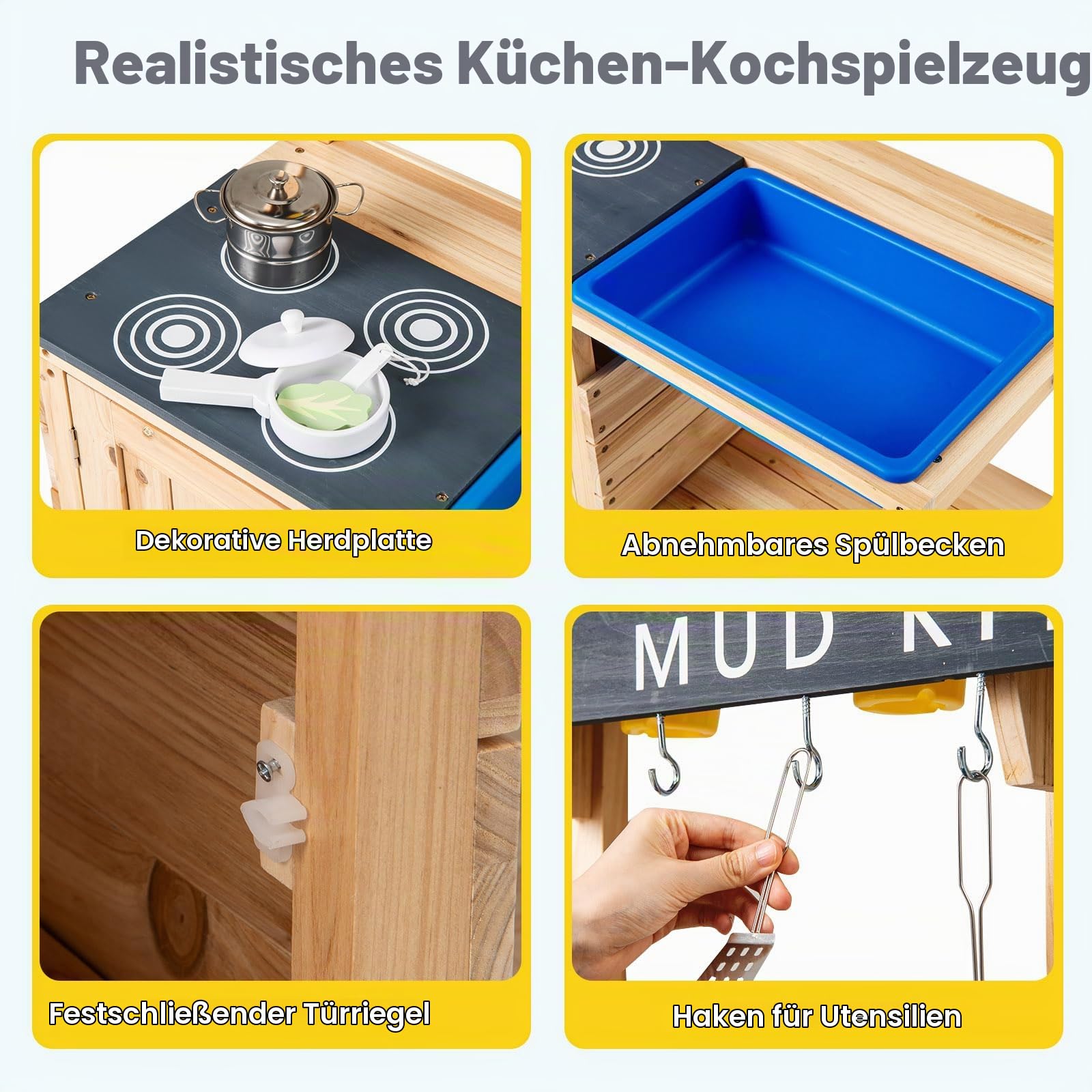 FANTASK Matschküche aus Holz, Kinder Spielküche mit abnehmbarem Waschbecken & Zubehör, Outdoor Kinderküche mit Schrank, 2 Ablagefächern, Becherhalter & Haken, Gartenküche für Kinder ab 3 Jahren