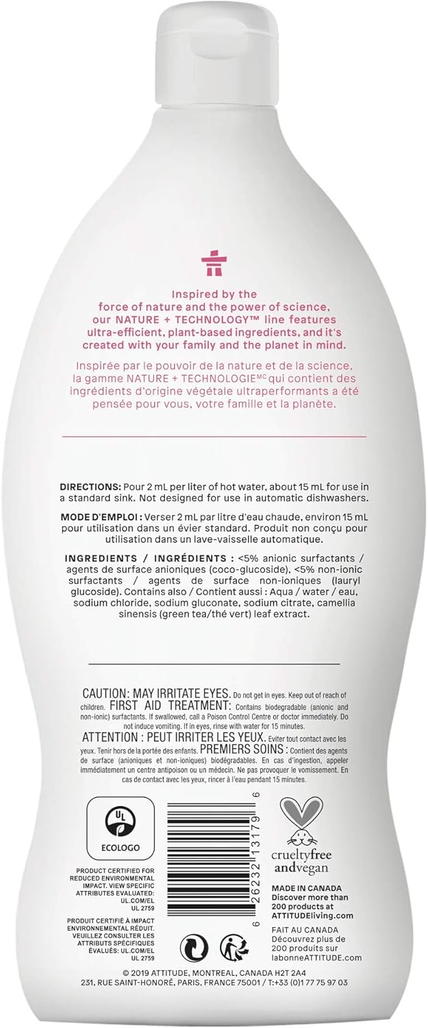 ATTITUDE Liquid Dish Soap for Baby Products, Tough on Milk Residue, Hypoallergenic Plant- and Mineral-Based Formula, Vegan and Cruelty-free Detergent, Unscented, 23.7 Fl Oz : Health & Household