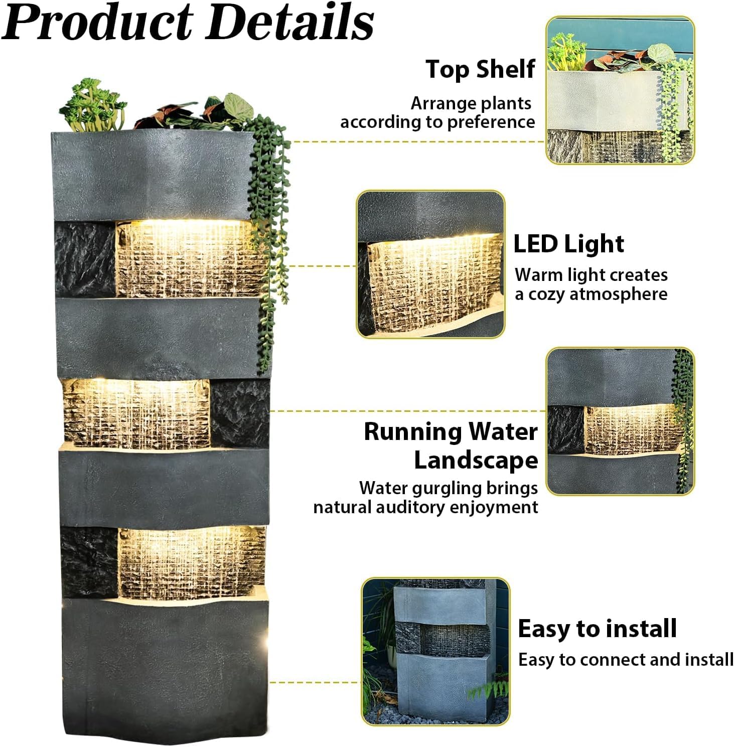 Sunlinua 40.5" H Modern Outdoor Water Fountain with LED Lights – Tall Garden Waterfall Fountain for Patio, Yard, Landscape or Indoor Decor, 4 Tiers Floor Standing Waterfall Outdoor Fountains