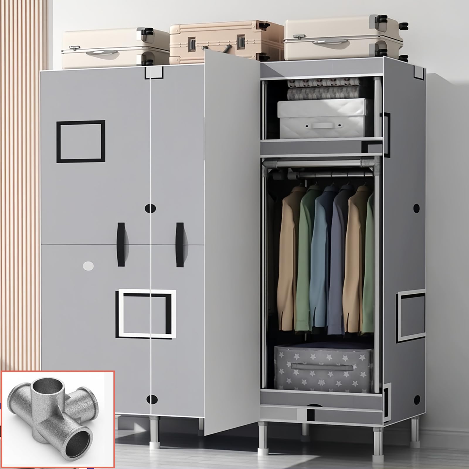 Tragbarer Kleiderschrank, Stoffschrank Mit Kleiderstange Stabil, Kleiderständer Mit Abdeckung, Faltschrank Magnetische Tür, Kleidung Schrank 23 Mm Stahlrohr, Für Schlafzimmer, Ankleidezimmer