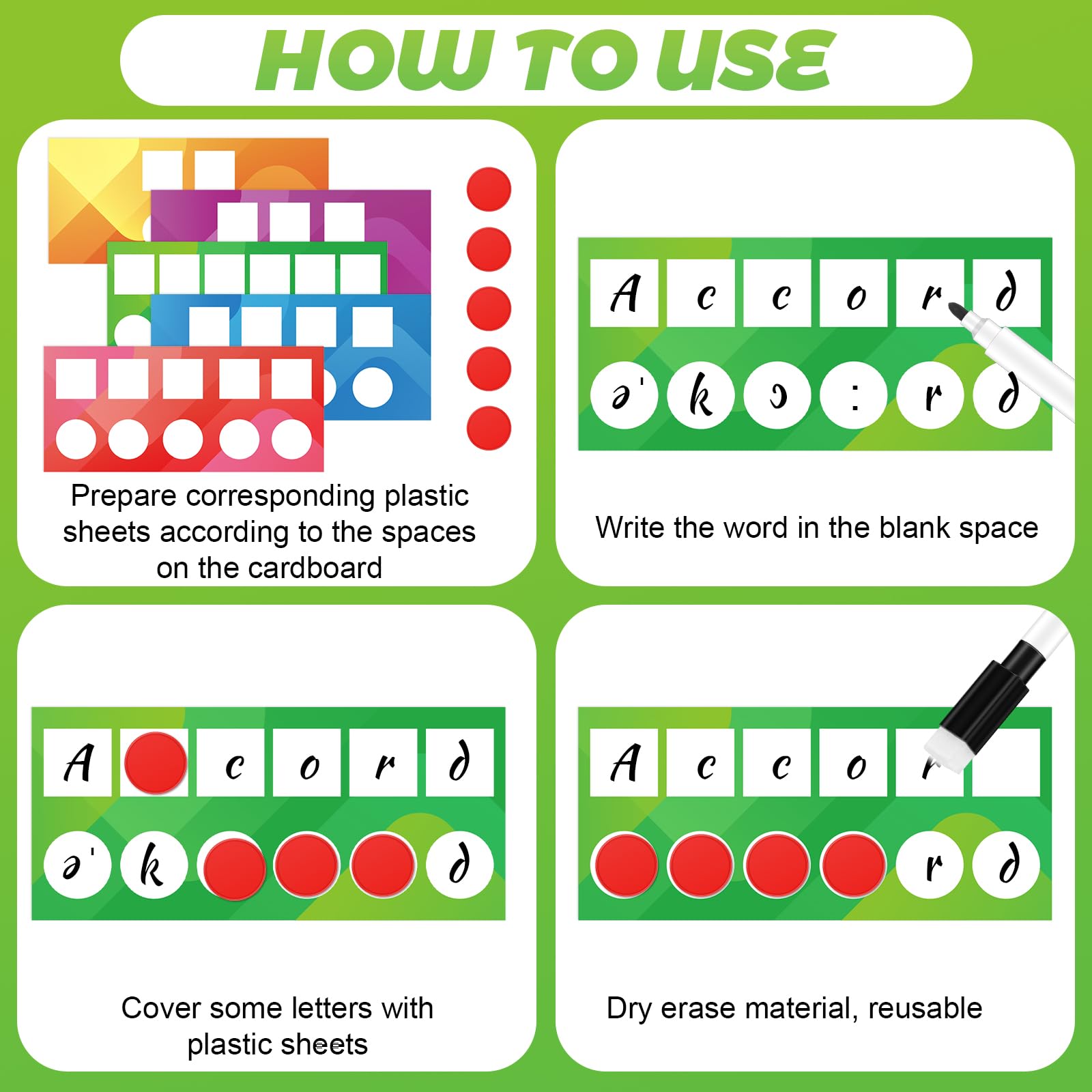 uyakhom 202 Pcs Sound Box Mats and Chips Phonemic Awareness Supplies Includes 100 Sound Box Mats 100 Plastic Chips 2 Markers Phonics Classroom Reading Games for Kindergarten Preschool Elementary - Image 3