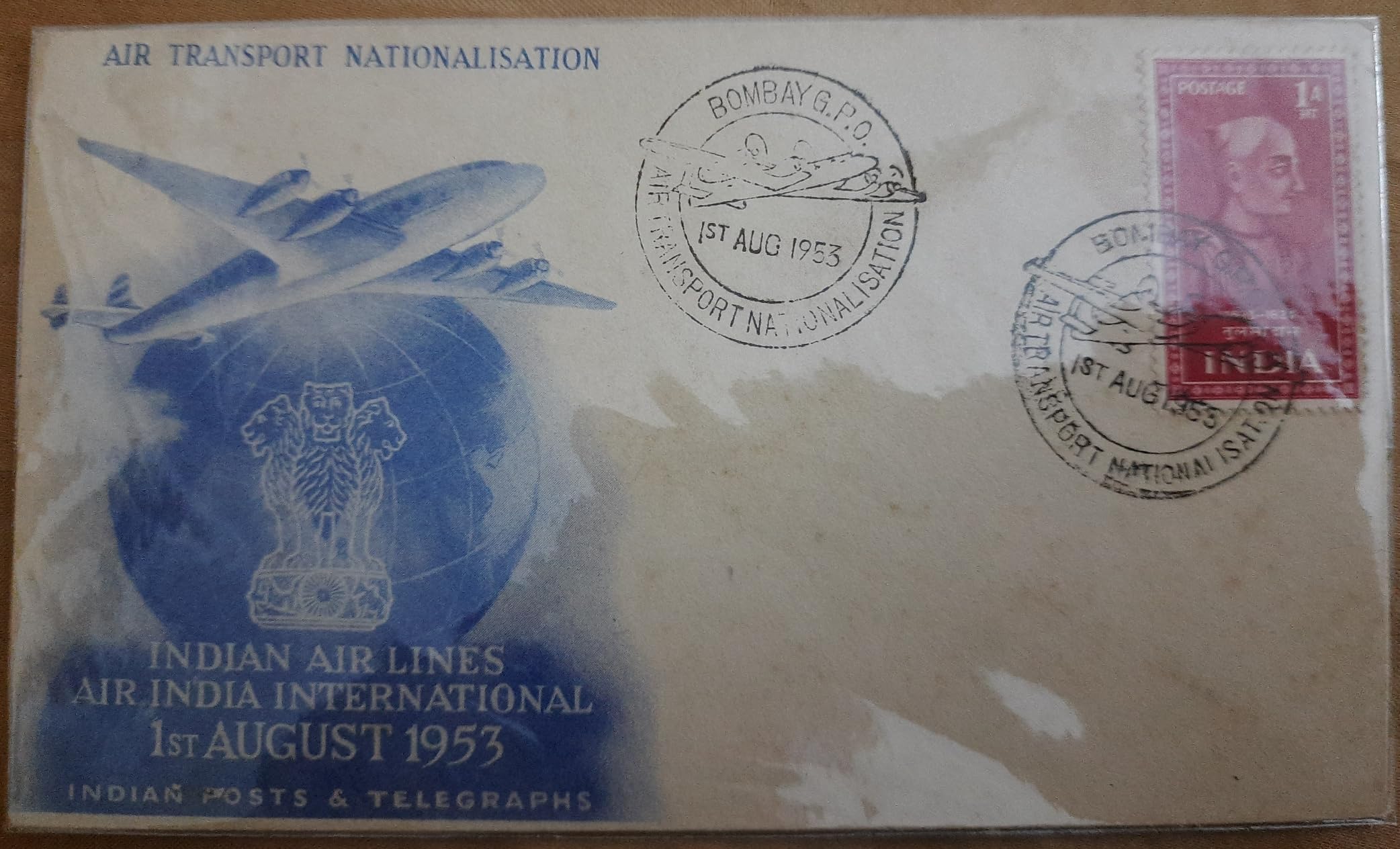 First Day Cover AIR Transport NATIONALISATION Indian Airlines AIR India Formation 1st August 1953