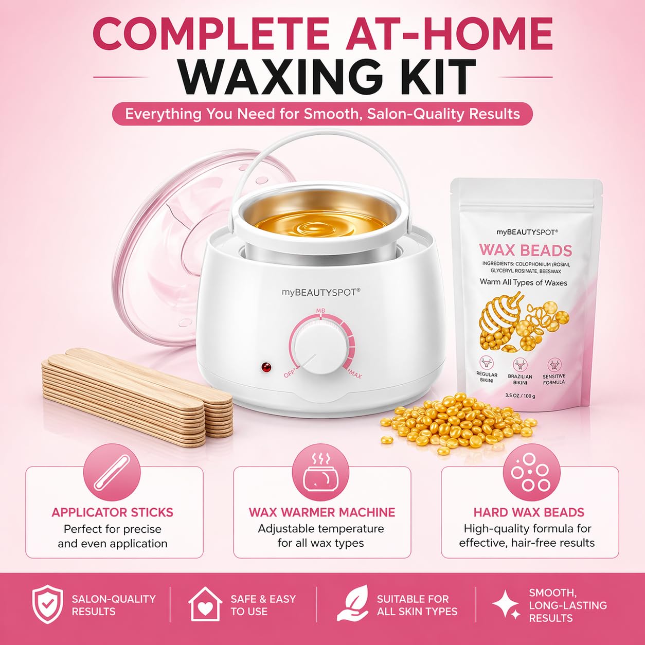 My Beauty Spot Wachswärmer für Haarentfernung Kit - Elektrische Wachsmaschine für Frauen zu Hause - Ganzkörper-Bikini Brazilian - Inklusive Hartwachsperlen & Applikatorstäbchen
