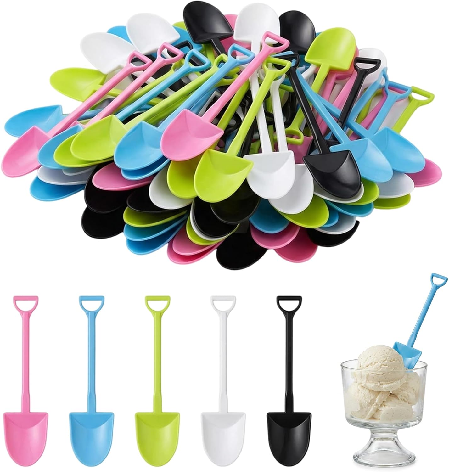 100Pcs Shovel Spoons for Desserts, Mini Shovel Spoons for Ice Cream Treats and Sweet Snacks, Colorful Mini Shovels for Party Serving, 4.7-Inch Plastic Disposable Scoops with 5 Assorted Colors