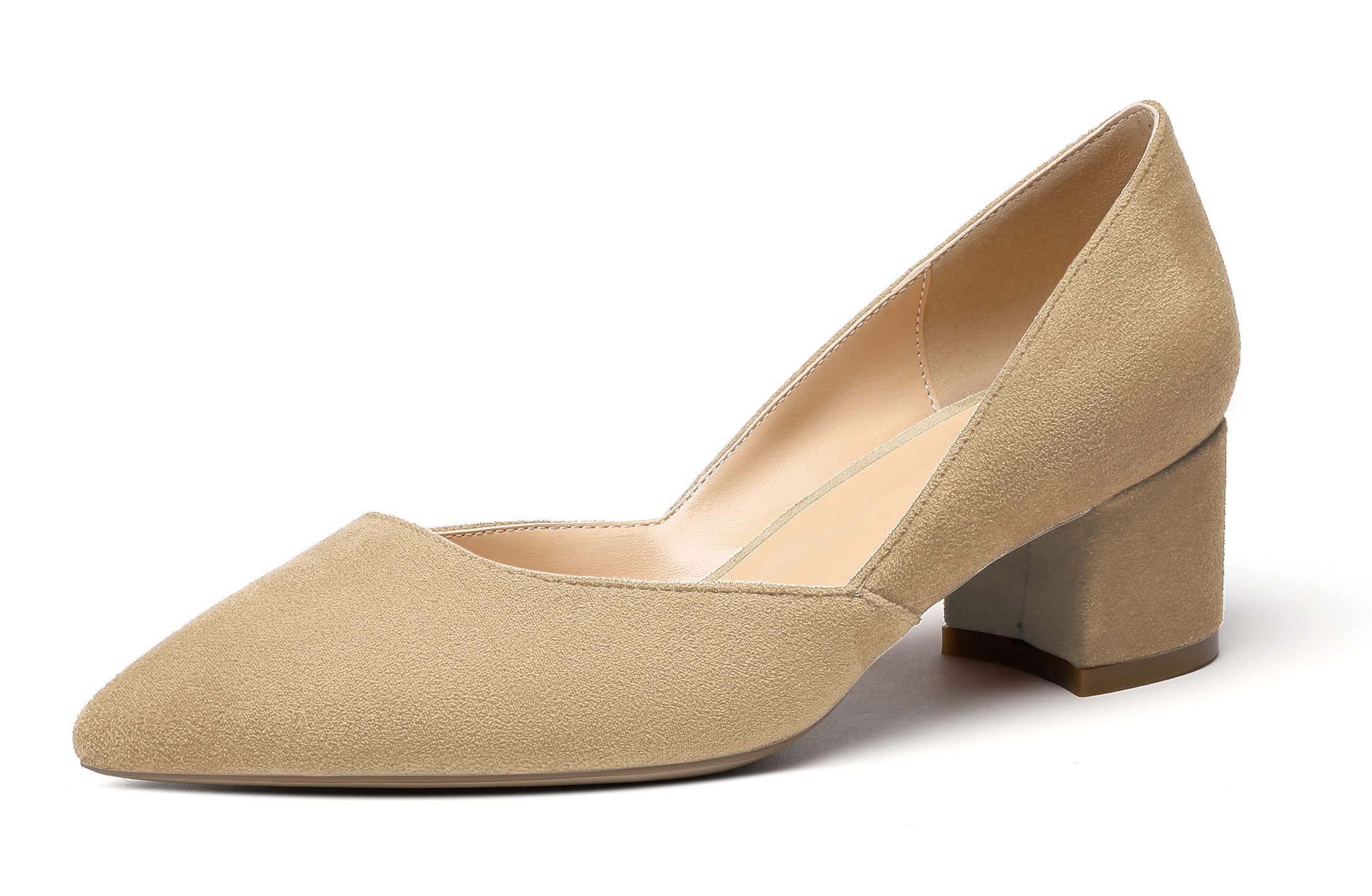 Eldof Women's Pointed Toe Cut Out D'Orsay Slip On Mid Block Heel Pumps Comfortable 2 Inch Block Heels for Dress Party Wedding, Suede Beige, 11