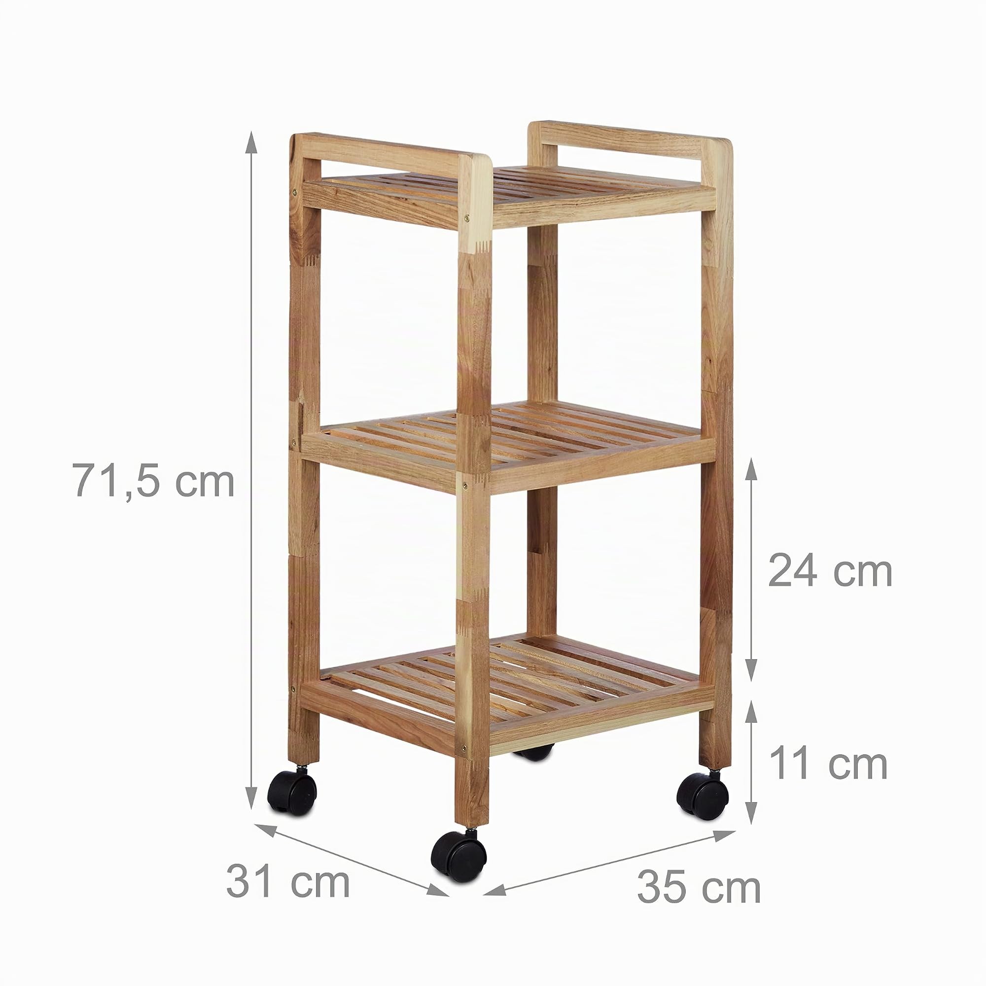 Relaxdays Scaffale Bagno con Ruote in Legno HLP: 71,5 x 35 x 31 cm, Manici, Girevole 3 Ripiani Carrello da Cucina Beige