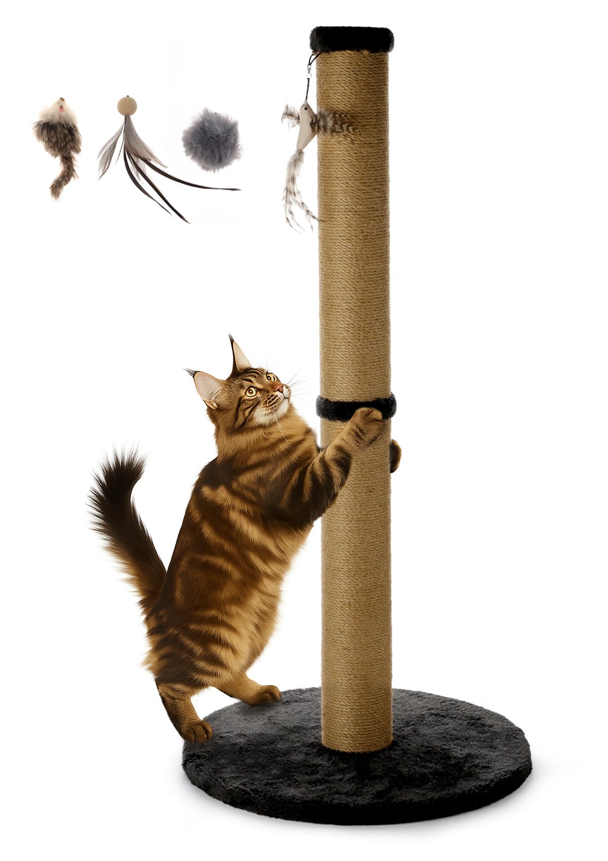 Photo 1 of ***MISSING PARTS***
34inches Tall Cat Scratching Post with Plush Base Cat Scratcher for Indoor Cat with Natural Sisal Rope, Black Round Platform,Have 4 Replacement Pendant