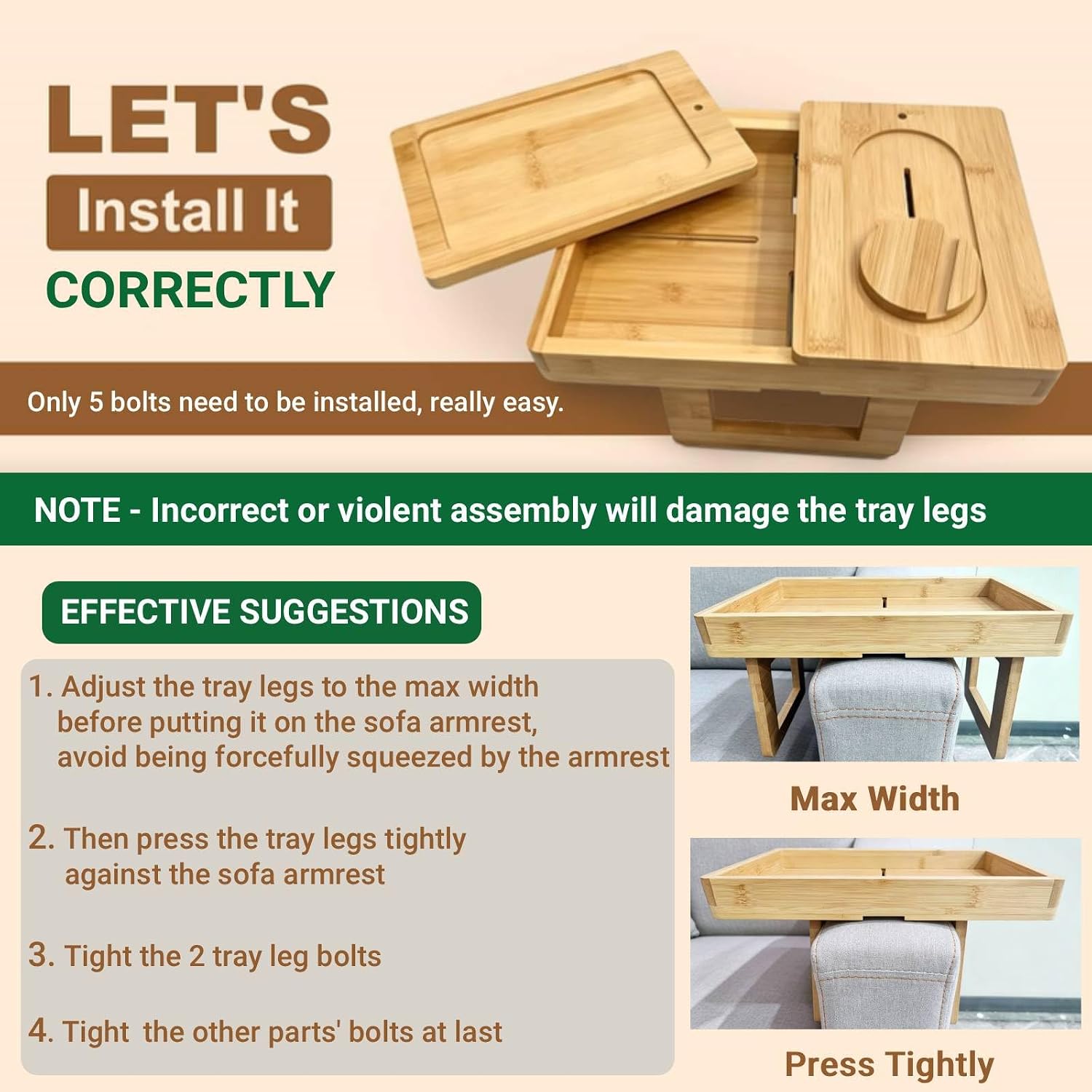 Bamboo Couch Arm Tray with Extra Wide Storage Box, Sofa TV Tray