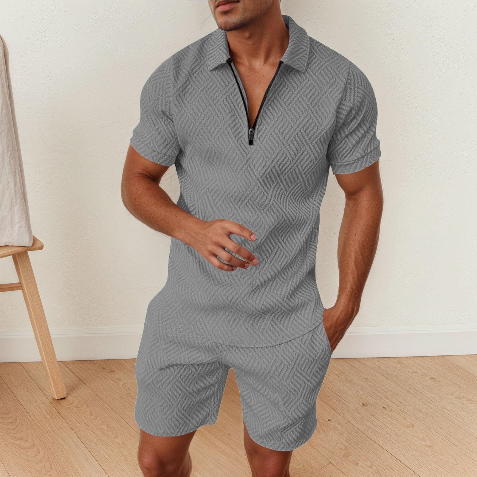 Homme Survêtement de Sport T-Shirt à Manches Courtes Fermeture éclair et Short Ensemble Homme Ensemble Sets Ete Tenues Survêtement Costumes Plage Vacances 2 Pcs