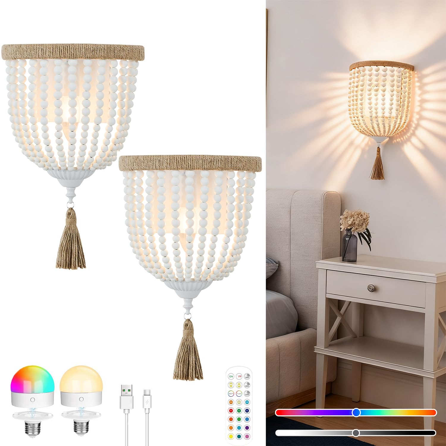 Akku Wandlampe 2 Stück RGB Wandleuchte ohne Stromanschluss Dimmbar Nachttischlampe mit Fernbedienung Boho Vintage Lampe aus Holzperlen Nachttischlampe für Wohnzimmer Schlafzimmer Flur