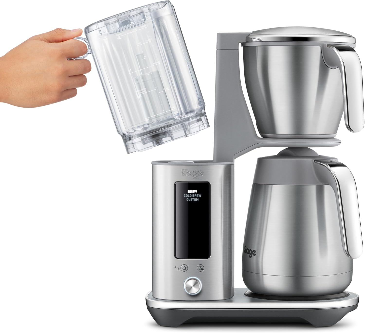 Hand removing the clear water tank from the Sage coffee maker