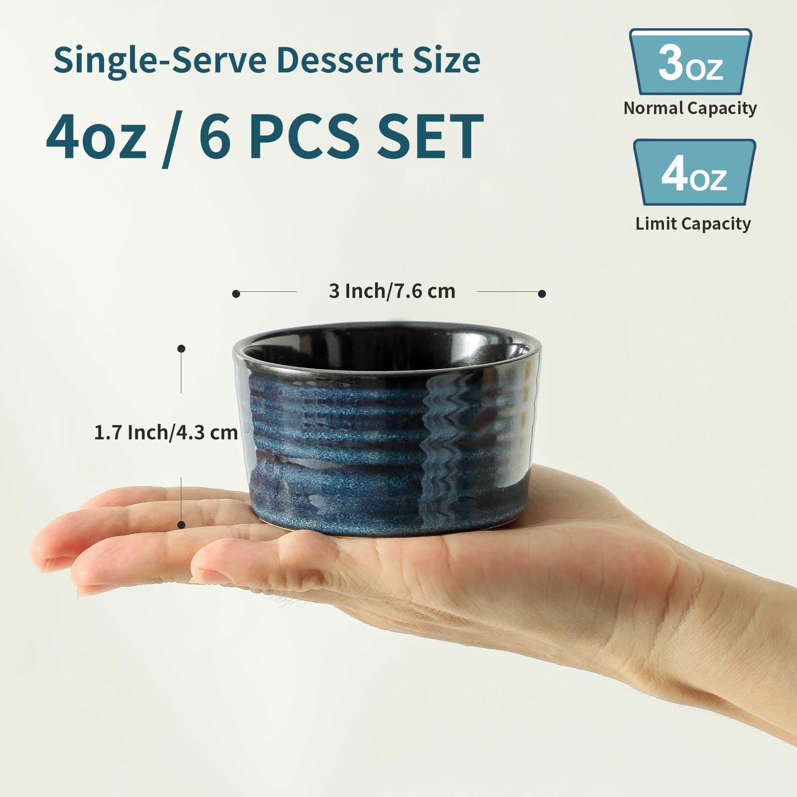 Ramequines de cerámica de 4 onzas, juego de 6 platos pequeños para soufflé, mini cuencos para hornear para cocina, tazas de salsa de porcelana para crema brulee, pudín, helado, pasteles de