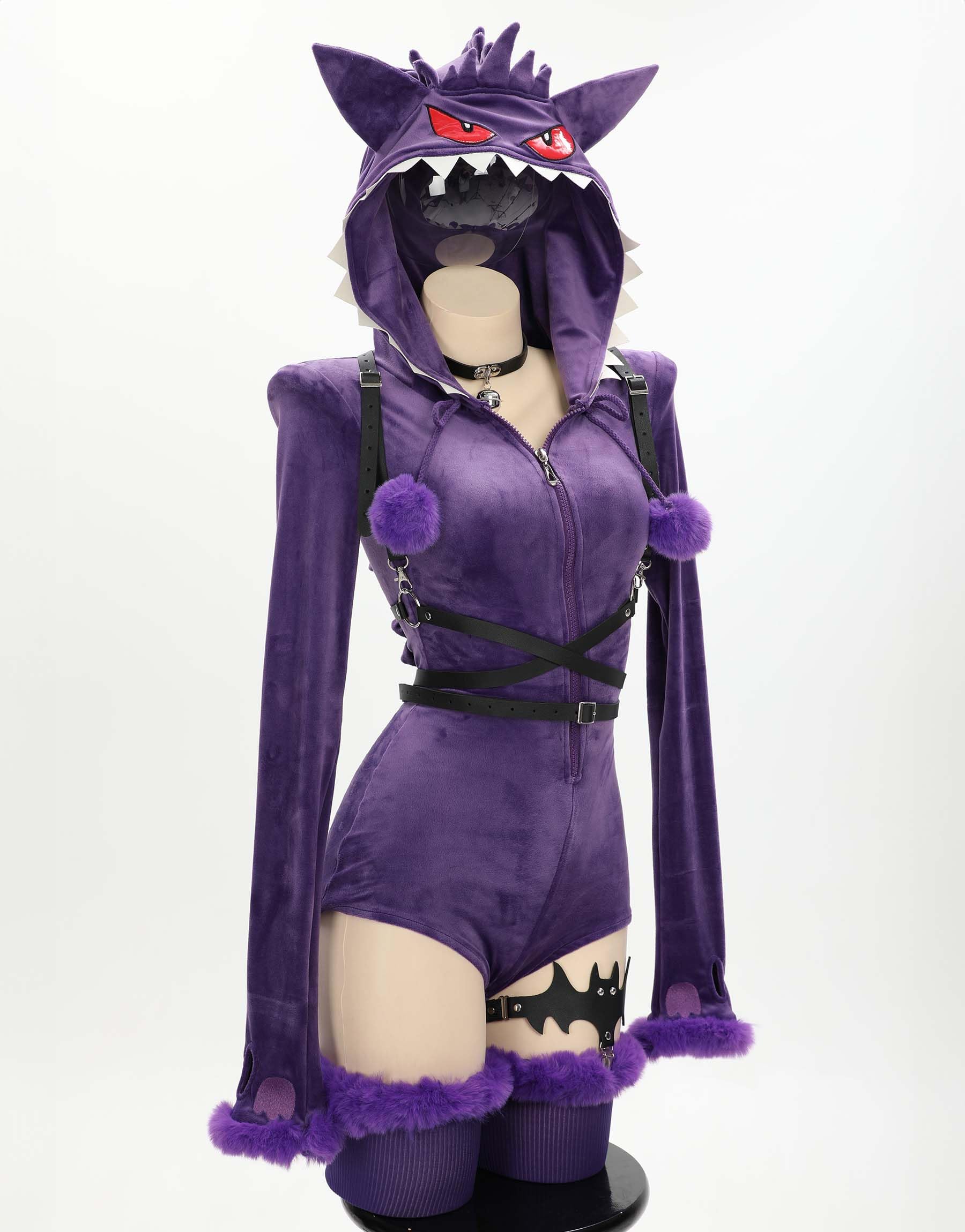 MEOWCOS Women Bodysuit Onesie Pajamas Romper Bodysuit Plush Hooded and Socks with Belt and Tail: Small Purple