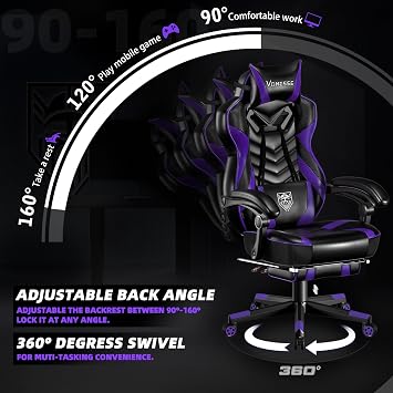 Vonesse Gaming Chair, Big and Tall Gaming Chair with Footrest and Massage, Gaming Chairs for Adults with Lumbar Support, Ergonomic High Back Computer Chair with Pocket Spring Cushion (Purple/Black)