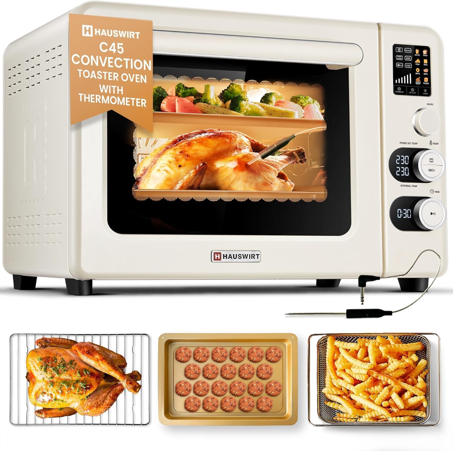 Hauswirt Air Fryer Toaster Oven, 42 Qt Extra Large Countertop Convection Oven, Dual NTC Precise Control for Even Browning, Split Screen Color Display with 8 Presets & Smart Timer