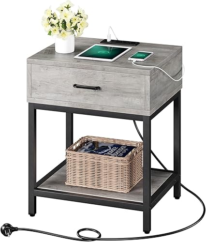 Vista 9 de Amyove Juego de 2 mesitas de noche grises con estación de carga, mesas auxiliares para sala de estar con cajón y estante, mesita de noche con puerto