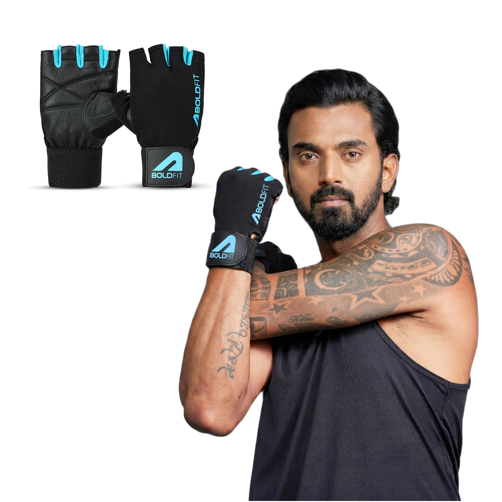 Boldfit Gym Gloves for Men Workout Unisex Hand Gloves for Gym for Men & Women with Wrist Support for Weightlifting, Workout Comfortable Fit Bike Riding, Cycling Handgloves - Warrior Black Cyan M