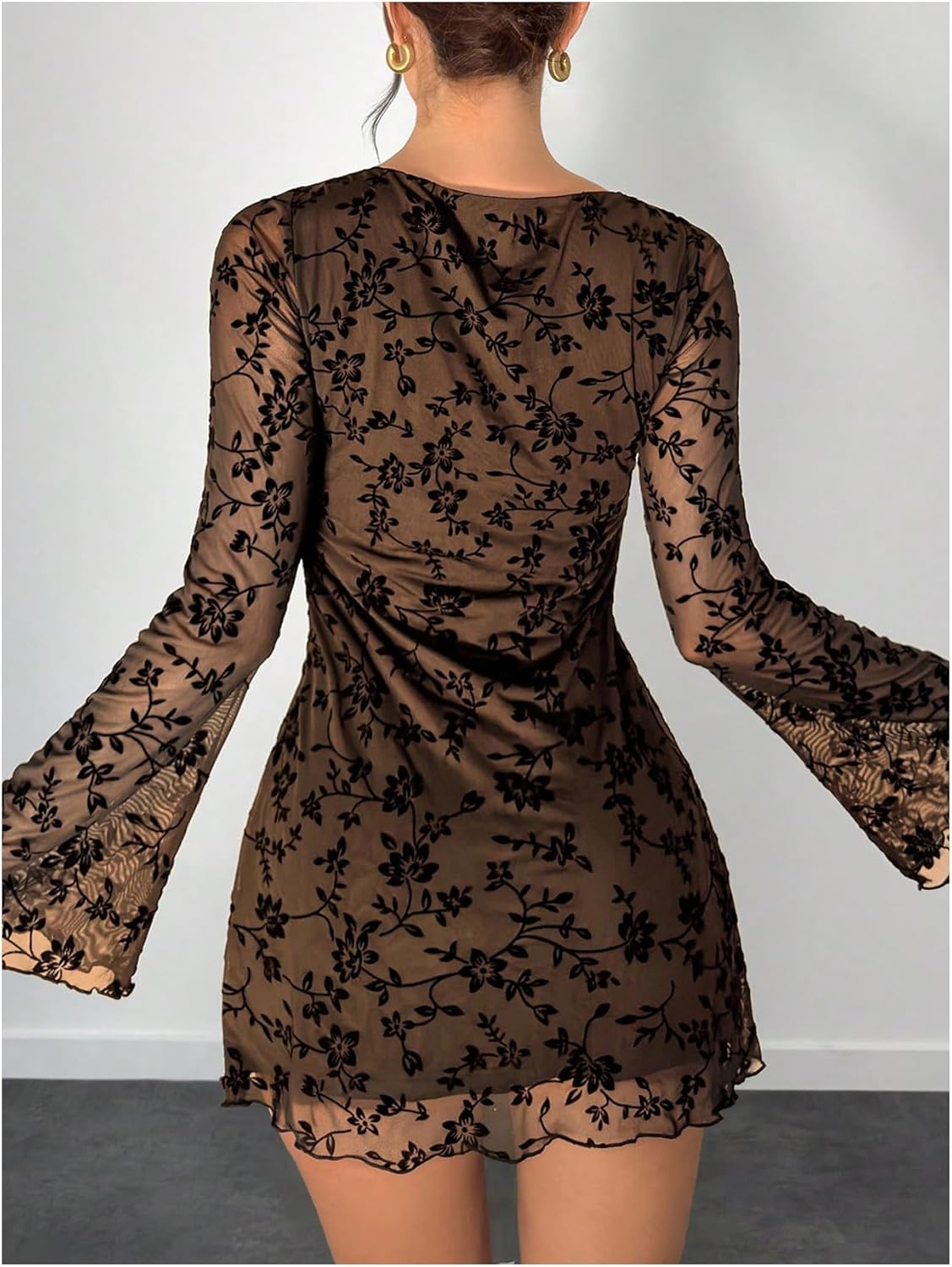 SOLY HUX Women's Floral Sexy Mesh Mini Dress Bell Long Sleeve Bodycon Going Out Dresses - Image 2