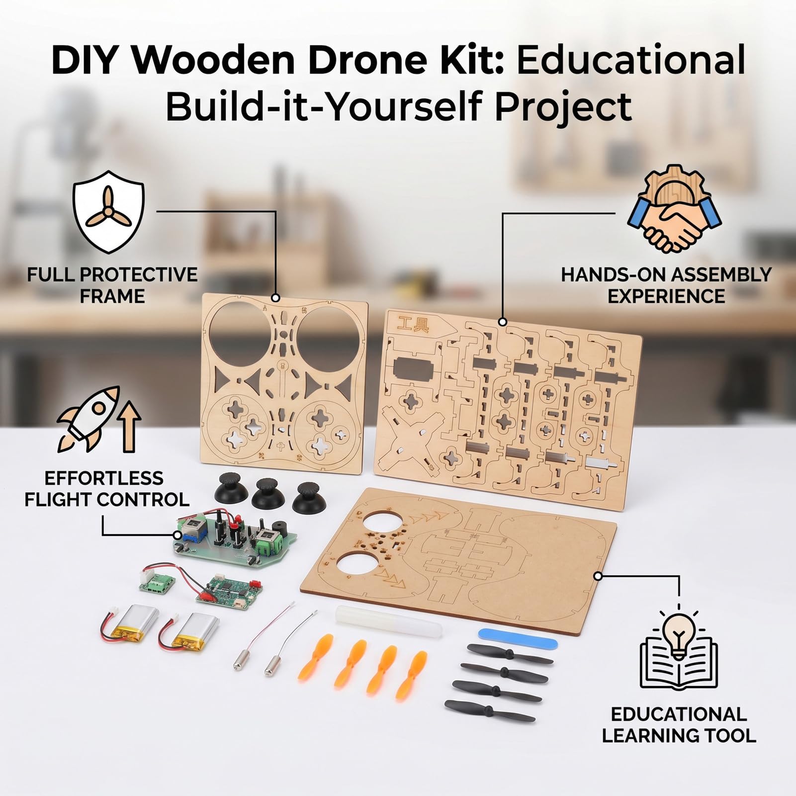 Kit Drone in Legno, Quadricottero Telecomandato Fai-da-te con Telaio Protettivo Completo e una Chiave di Decollo, per Principianti