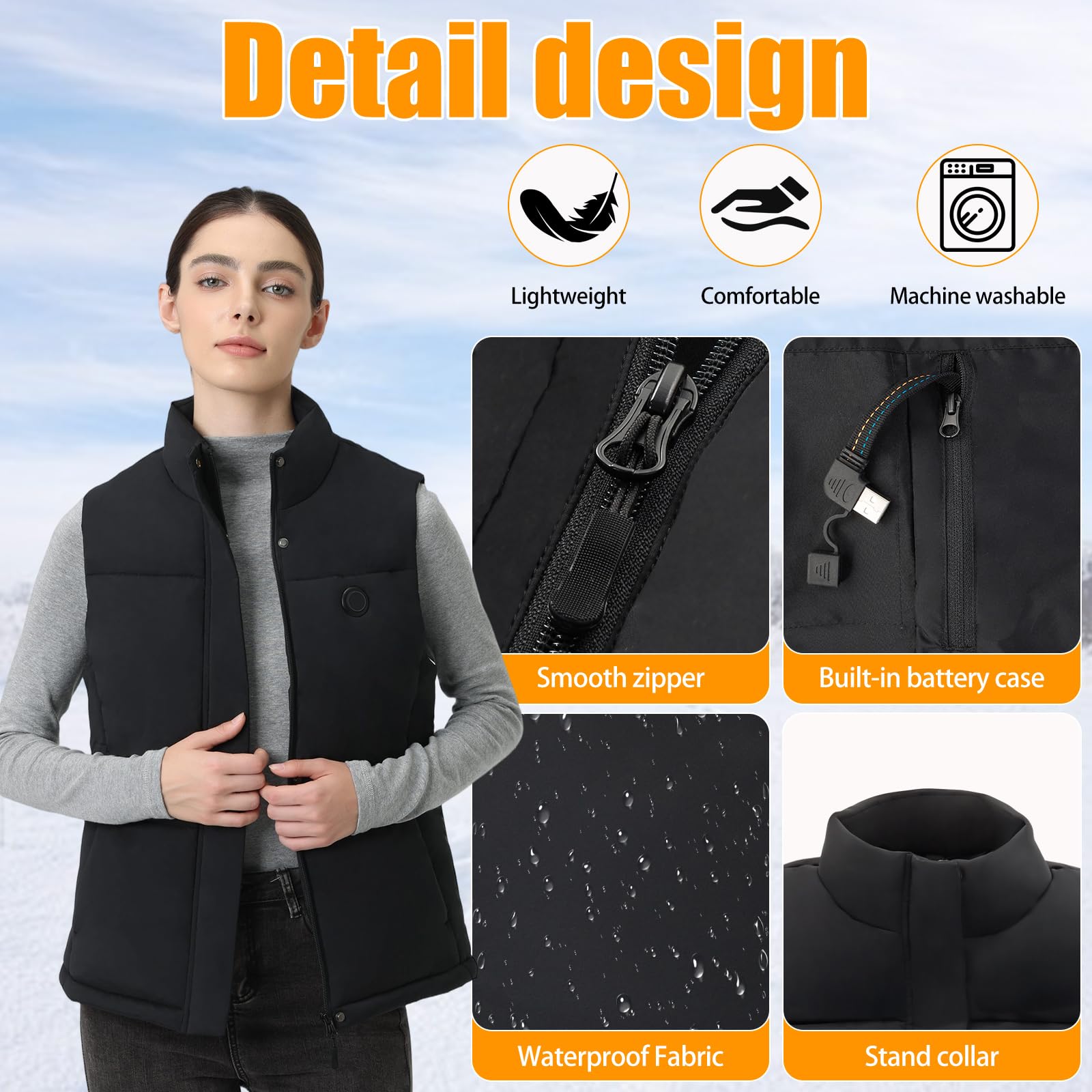 Chaleco Calefactable Mujer: 3 Temperatura Ajustable & 5 Zonas Calefactables, Chaleco Térmico Mujer Equipado con Batería USB de 10000 mAh, Ideal para Acampar Actividades al Aire Libre