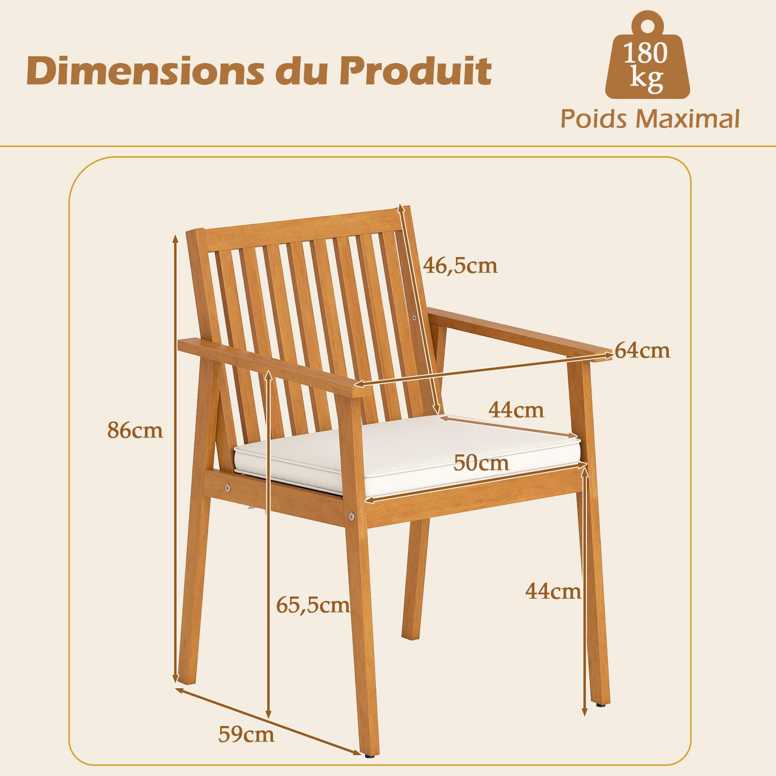 COSTWAY Lot de 2 Chaises de Jardin en Bois d'Acacia, Charge 180 kg, Naturel