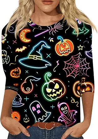 Cute Funny Halloween Shirts for Women Plus Size 3/4 Length Long Sleeve Womens Tops Witch Gothic Renaissance Shirt